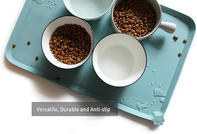 Hoki Found L Silicone Pet Food Mats Tray - Non Slip Pet Dog Cat Bowl Mats Placemat - Dog Pet Cat Feeding Mat - Waterproof Dog Cat Food Mats -Pet Water Mats for Carpet -Light Turquoise