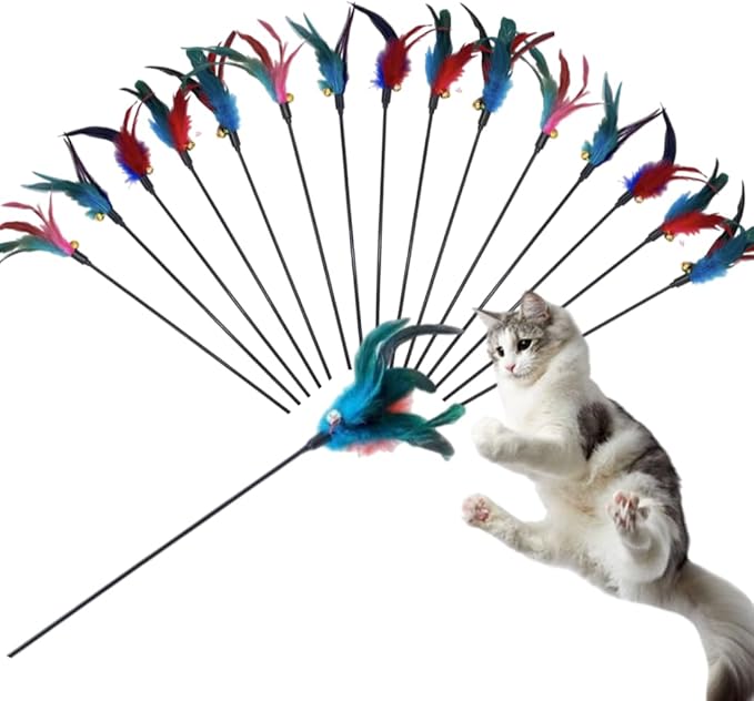 15-Pack Cat Feather Toys and Teaser Wand- Feather Toys for Cats,cat Feather Toy, cat Toys for Indoor Cats,Feather Stick cat Toy cat Teaser Wand - Feather Wand cat Toy