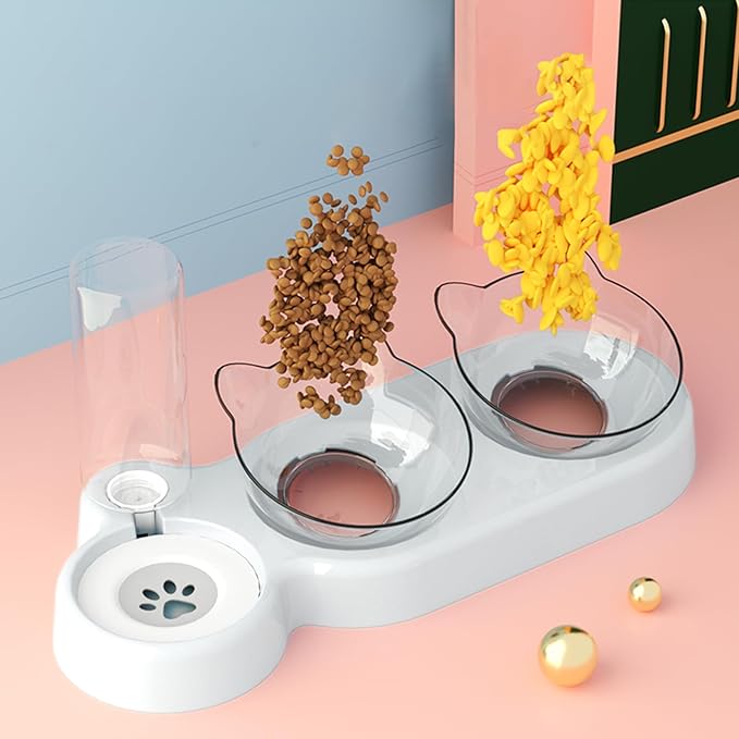 Marchul Raised Three Cat Dishes for Food and Water, Pet Feeding Bowls with Automatic Water Bottle