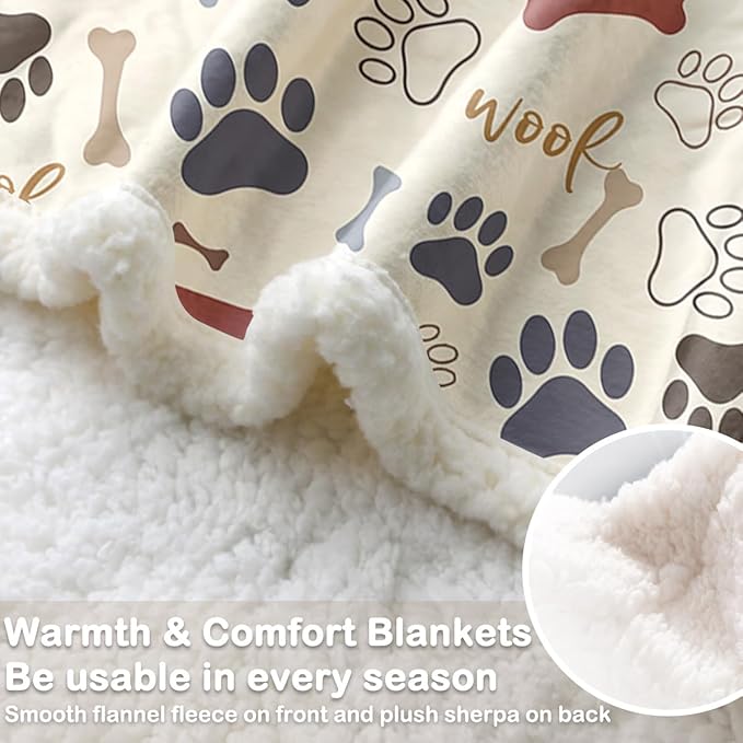 Sleepwish Dog Paws and Bones Print Fleece Throw Blanket for Kids Soft Plush Light Yellow Sherpa Blanket for Couch Chair Bed, Queen (90" X 90")