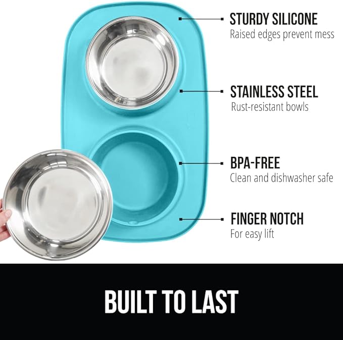 GORILLA GRIP 100% Waterproof BPA Free Cat and Dog Bowls Silicone Feeding Mat Set, Stainless Steel Bowl Slip Resistant Raised Edges, Catch Water, Food Mess, No Spills, Pet Accessories, 3 Cup, Turquoise