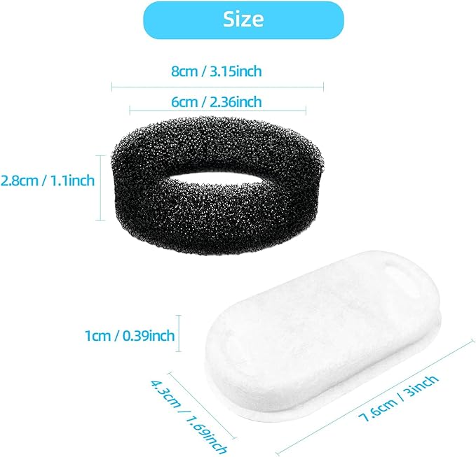 Official Tomxcute Cat Water Fountain Filters for 108oz/3.2L and 135oz/4.0L Adjustable Water Flow Pet Water Fountain, Ultra-Quiet Cat Water Fountain 8 Packs Filters & 8 Sponges Foam Filters