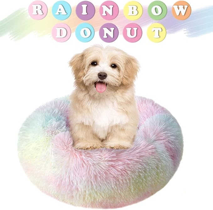 otoez Kitten Puppy Bed Extra Small XS Round Dog Cat Beds Anti Anxiety Plush Pet Calming Donut Bed with Non-Slip Waterproof Bottom, Washable (15.7", Rainbow)