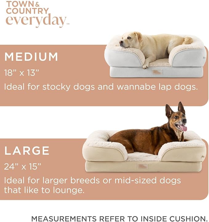 TOWN & COUNTRY EVERYDAY CuddleTown Comfy Solid Bolster Sofa Pet Bed, Supportive & Calming Egg Crate Foam, Water Repellent, Non-Slip Bottom, Machine Washable Cover, Beige, Medium 28"x23"x8"