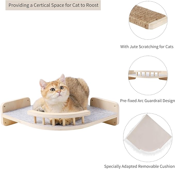 Cat Wall Shelves, Cat Shelves and Perches for Wall, Corner Cat Shelf with 3 Steps Scratch Post, Cat Bed Hammock with Plush Covered, Climbing Shelf for Indoor Cats (Wood)