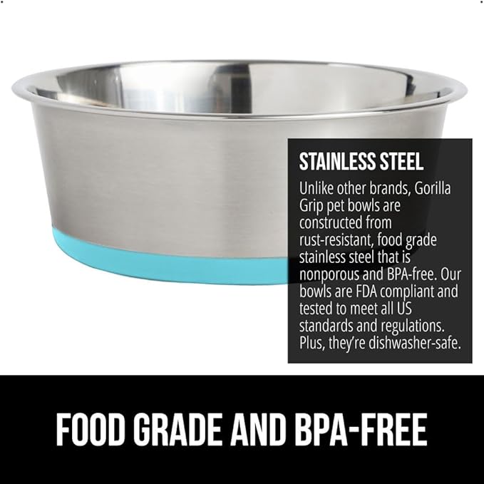GORILLA GRIP Set of 2 Dog Bowls, Heavy Duty Metal Food and Water Bowl for Feeding Dogs and Cat, Dishwasher Safe, Rust Resistant Stainless Steel, BPA Free Rubber Base, Holds 2 Cups (16 fl oz) Turquoise