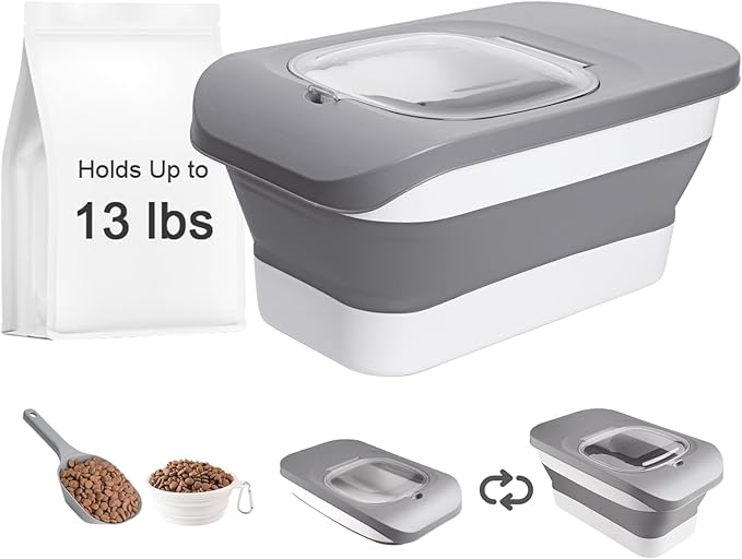 10-13 Lbs Cat Food Container,Collapsible Cat Food Storage with Airtight Lid,Silicone Pet Bowl and Cat Food Scoop,Pet Food Storage containers Dry Food for Pets, Rice (Grey 13lbs 02)