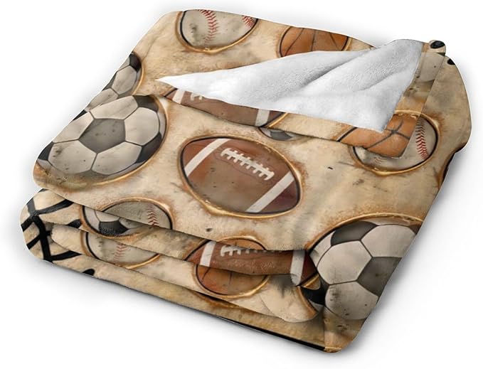Vintage Sports Soccer Blanket Ultra Soft Cozy Plush Baseball Basketball Football Throw Blanket Sport Ball Fans Lovers Gifts Kids Adults Lightweight Flannel Comfy Blankets for Couch Sofa Bed 80"x60"