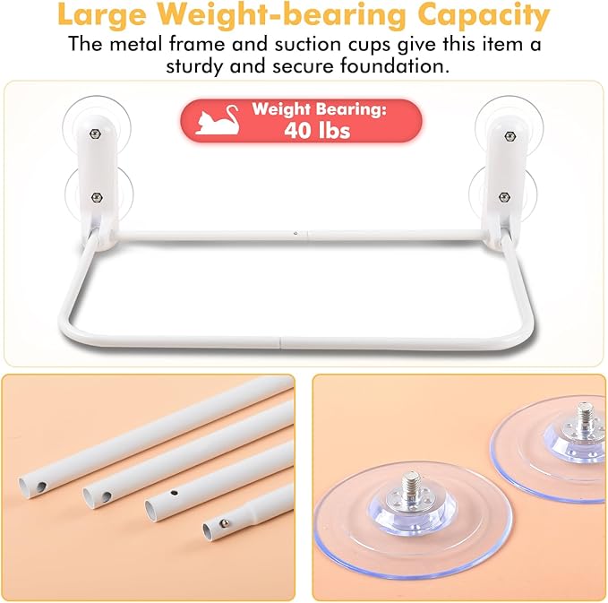 Cat Window Perch, Cordless Cat Hammock Window Seat with Cozy Pad Bed Cover for Indoor Cats, Durable Metal Frame Support Cat Bed with 4 Suction Cups for Large Cats (Cushion Pad Bed - White)