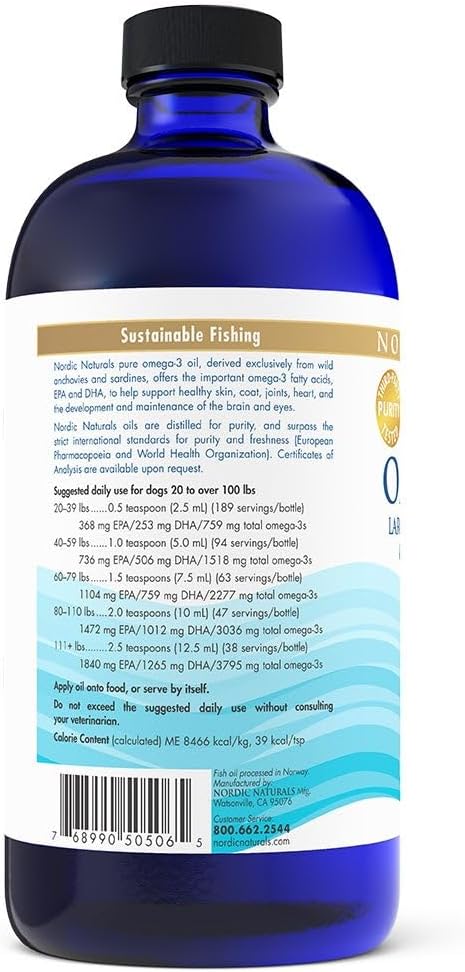 Nordic Naturals Omega-3 Pet, Unflavored - 16 oz - 1518 mg Omega-3 Per Teaspoon - Fish Oil for Large to Very Large Dogs with EPA & DHA - Promotes Heart, Skin, Coat, Joint, & Immune Health