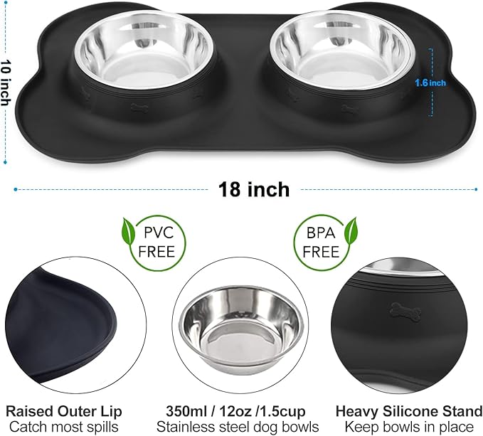 AsFrost Dog Food Bowls Stainless Steel Pet Bowls & Dog Water Bowls with No-Spill and Non-Skid, Feeder Bowls with Dog Bowl Mat for Small Medium Large Size Dogs Cats Puppy Pets, Dog Dishes, Black, 12oz