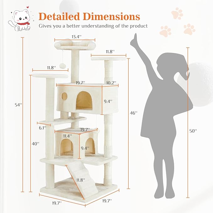 Sweetcrispy 54-Inch Cat Tree Tower – Multi-Level Cat Tower with Sisal Scratching Post, Perfect Cat Gift, Indoor Cat Tree with Condo, Climbing Ladder, Plush Toy, and More Cat Stuff,Beige
