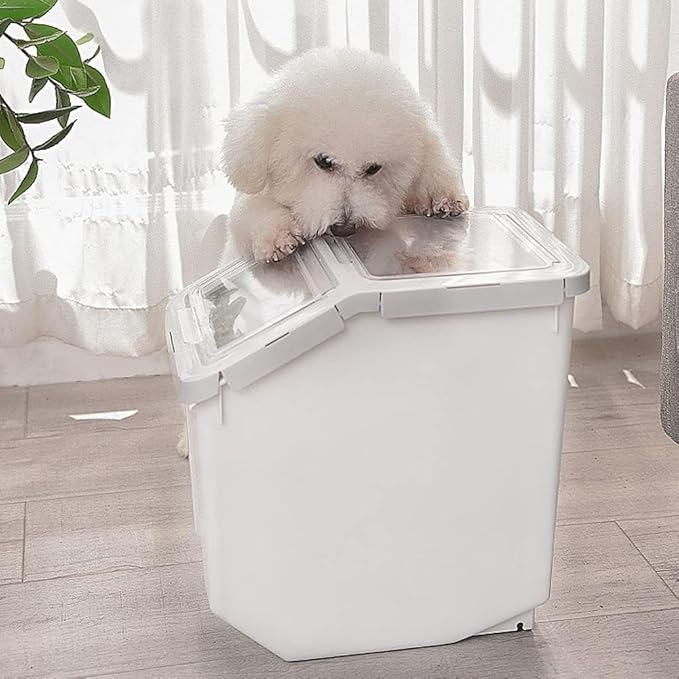 YXQ 2Pcs Dog Food Storage Container Airtight Box Grey,10kg Bulk Dry Food Grain Storage Barrels Sealed Bucket,Pets Food Bin with Seal Locking Lid, Wheels,Measuring Cup,1pcs Scoops(Random Color)
