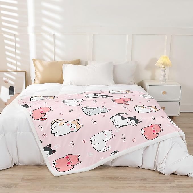 Erosebridal Cartoon Cat Sherpa Blanket,Cute Kitten Print Blanket for Kids Boys Girls Toddler Cat Lover,Cat Paw Print Throw Blanket for Bed Sofa Couch,Kawaii Pet Theme Plush Blanket Pink Baby 30"x40"