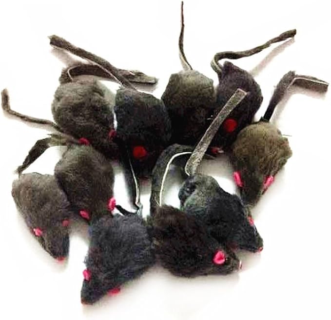 emours 12 Piece Pack Rattle Furry Mice Cat Toy Realistic Fur Mice Toys, Grey