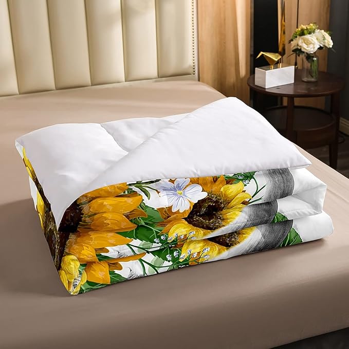 Highland Cow Comforter Set Queen Sunflowers Art Down Comforter Rustic Bull Cattle Bedding Set For Kids Boys Girls Adult Farmhouse Western Funny Animal Wild Theme Duvet Set Grey Marble Comforter