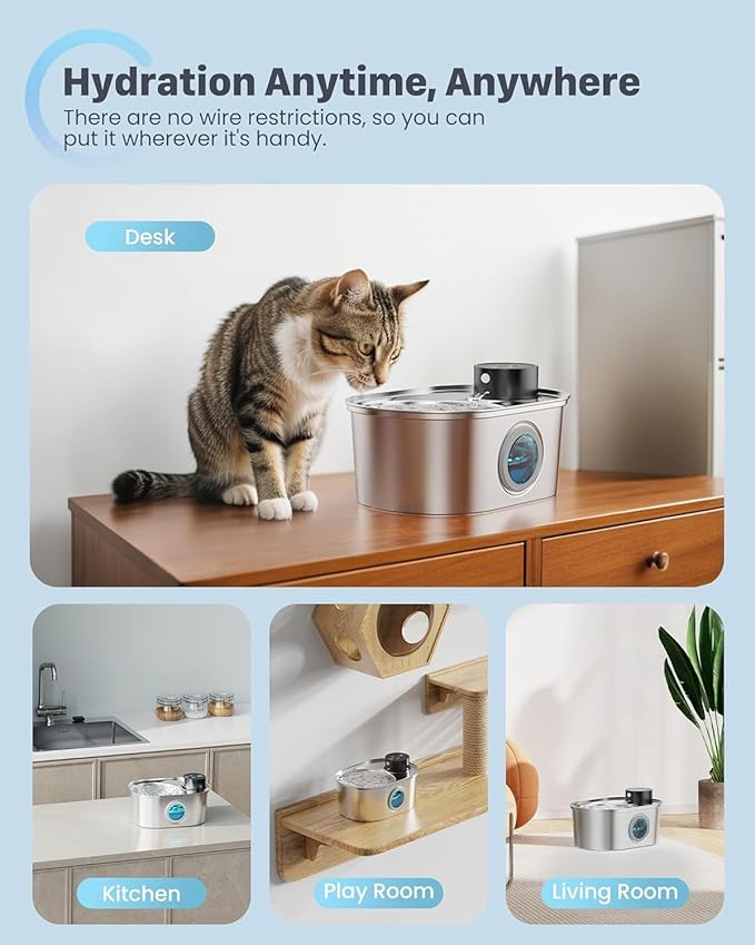 Wireless Cat Water Fountain: Battery Operated Stainless Steel Pet Fountain, Automatic Cordless Water Dispenser Indoor, Metal Faucet Bottle for Drinking, Rechargeable Dog Water Bowl with 1 Filter