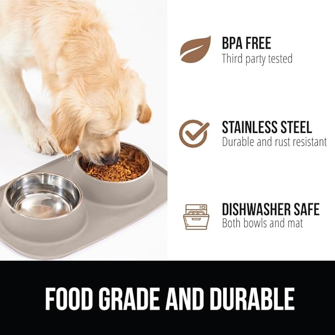 GORILLA GRIP 100% Waterproof BPA Free Cat and Dog Bowls Silicone Feeding Mat Set, Stainless Steel Bowl Slip Resistant Raised Edges, Catch Water, Food Mess, No Spills, Pet Accessories, 3 Cup, Beige