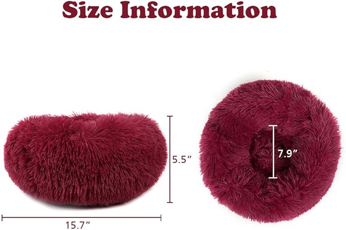 otoez Kitten Puppy Bed Extra Small XS Round Dog Cat Beds Anti Anxiety Plush Pet Calming Donut Bed with Non-Slip Waterproof Bottom, Washable (15.7", Dark Red)