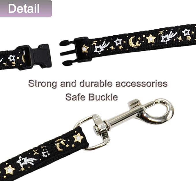 Cat Harness and Leash Set for Outdoor Walking Escape Proof Adjustable Soft Safety Strap with Golden Star and Moon Design Glow in The Dark Black XL