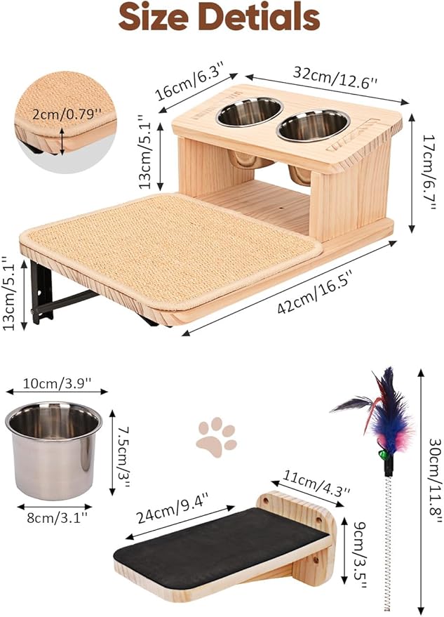 Cat Wall Shelves, Cat Shelves with 3 Cimbing Wall Steps & Cat Feeding Bowls Station, Cat Hammock and Perches for Wall, Cat Wall Furniture Set, Cat Climber Shelves Cat Scratching Post