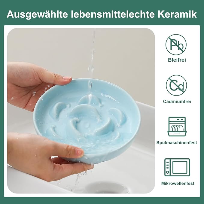 Ceramic Cat Slow Feeder Bowl - Pastel Series Slow Feeding Cat Bowl - Cute Maze Cat Food Plate for Healthy Eating - Fun Cat Puzzle Feeder Dish - Dishwasher Safe - 6.3''W x 1.2''H - 7 OZ - Pale Blue
