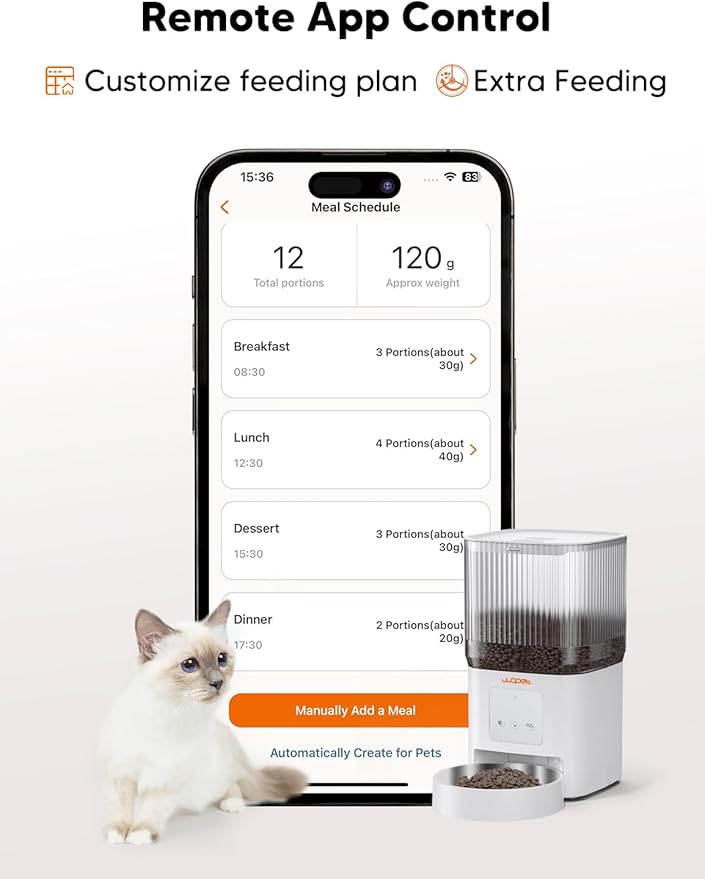 WOPET Automatic Cat Feeder, WiFi Automatic Dog Feeder with APP Control for Remote Feeding, Automatic Cat Food Dispenser with 10S Voice Record,1-10 Meals Per Day for Cats and Dogs