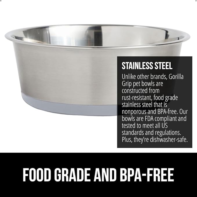 GORILLA GRIP Set of 2 Dog Bowls, Holds 4 Cups (32 fl oz), Heavy Duty Metal Food and Water Bowl for Feeding Dogs and Cats, Dishwasher Safe, Rust Resistant Stainless Steel, BPA Free Rubber Base, Lt Gray
