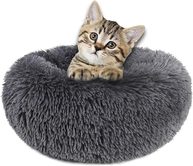 otoez Round Donut Dog Bed for Small Dogs, Washable Calming Dog Bed Cuddler Anti Anxiety Fluffy Dog Cat Bed with Non-Slip Waterproof Bottom (23.6", Dark Grey)