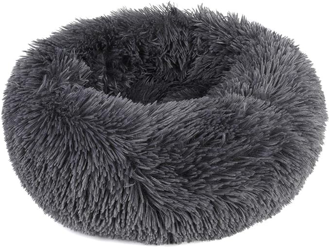 otoez Round Donut Dog Bed for Small Dogs, Washable Calming Dog Bed Cuddler Anti Anxiety Fluffy Dog Cat Bed with Non-Slip Waterproof Bottom (23.6", Dark Grey)