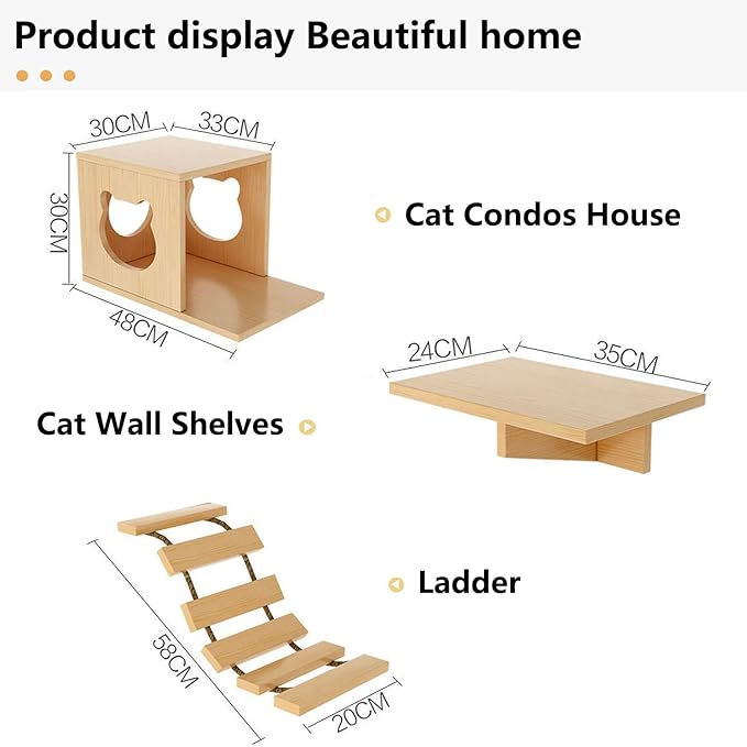 Cat Wall Shelves, Cat Wall Furniture, Cat Shelves and Perches for Wall, Cat Wall Steps Set with 2 Cat Condos House, 6 Cat Wall Shelves, 2Ladder, 1 Sisal Cat Scratching Post (C)