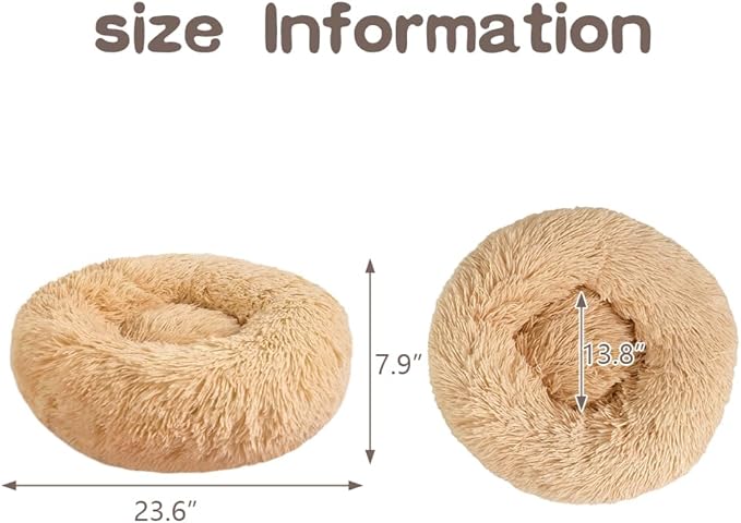 otoez Round Donut Dog Bed for Small Dogs, Washable Calming Dog Bed Cuddler Anti Anxiety Fluffy Dog Cat Bed with Non-Slip Waterproof Bottom (23.6", Oatmeal)