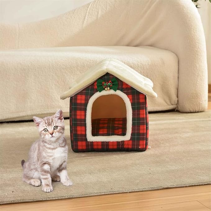 Christmas Cat Bed for Indoor Cats Plaid Christmas Cat Tent Cat Bed Cave for Pets Cats and Dogs (S(15.7 X 12.6 X 13.8 Inch))