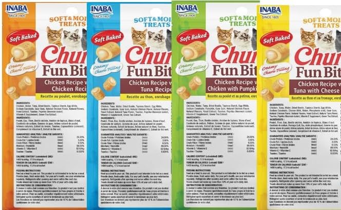 INABA Churu Fun Bites for Cats, Soft & Chewy Baked Chicken Wrapped Filled Cat Treats with Taurine, 0.42 Ounces Each Tetra, 12 Tetras, 4 Flavor Variety Pack