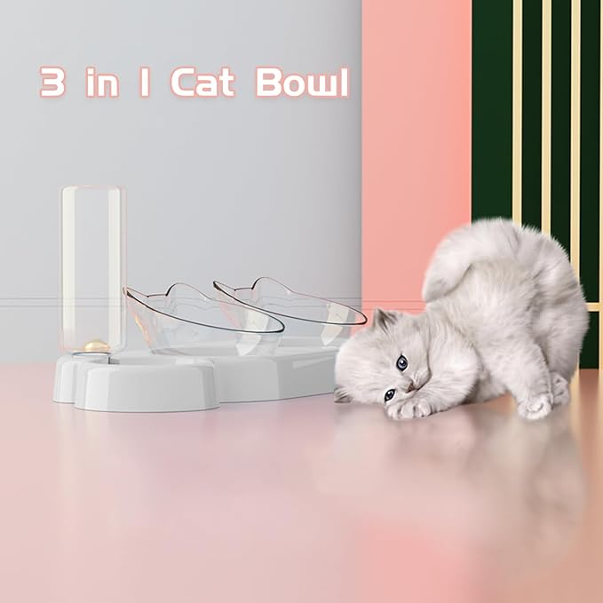 Marchul Raised Three Cat Dishes for Food and Water, Pet Feeding Bowls with Automatic Water Bottle