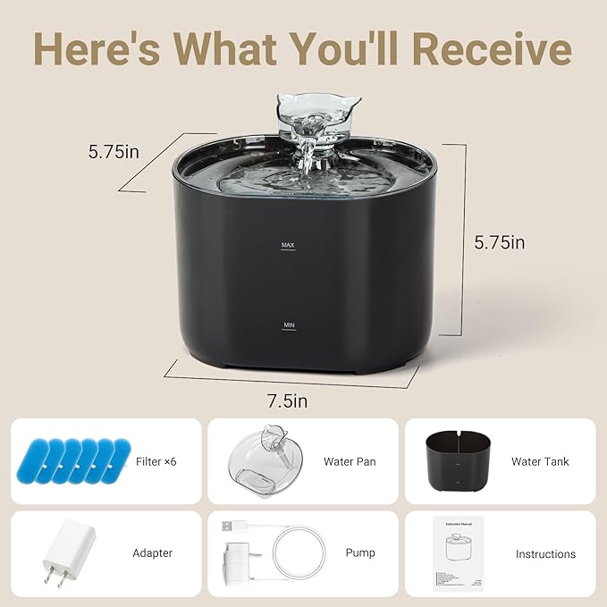 Meill Cat Water Fountain, 75Oz/2.2L Dog Water Bowl Dispenser with Filter Indoor for Small Pets, Automatic Shut-Off for Low Water Level, Water Level Visible, Ultra-Silent, 6 Filters, Black