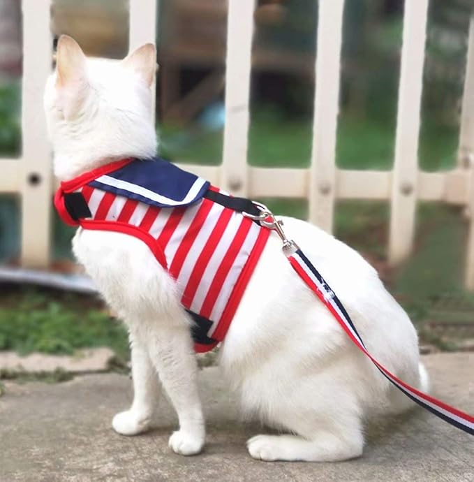 Cat Harness and Leash for Walking Escape Proof, Adjustable Cat Vest Harness, Padded Stylish Cat Walking Jackets, Sailor Suit Red, X-Small