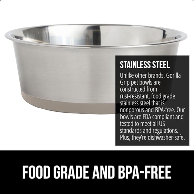 GORILLA GRIP Set of 2 Dog Bowls, Heavy Duty Metal Food and Water Bowl for Feeding Dogs and Cats, Dishwasher Safe, Rust Resistant Stainless Steel, BPA Free Rubber Base, Holds 2 Cups (16 fl oz), Beige