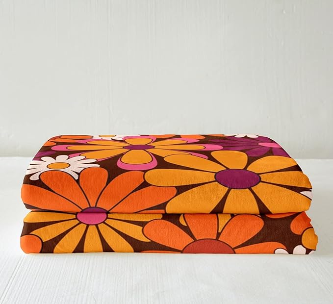 Erosebridal Groovy Floral Fleece Blanket for Girls - Retro Flower Sherpa Chic Daisy Queen Size Throw Blanket for Sofa & 70s Party Decorations