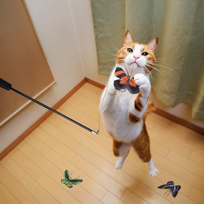 Butterfly Cat Wand Cat Toys Set, Realistic Crinkle Catnip Butterflies Kitten Toys with Retractable Interactive Cat Wand 11 PCS Cat Toys for Indoor Cats