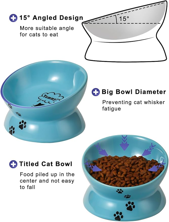 Y YHY Elevated Cat Food Bowl, Ceramic Raised Cat Bowl, Tilt Angle Protect Cat's Spine, Anti Vomiting Cat Dish, Backflow Prevention, Lake Blue