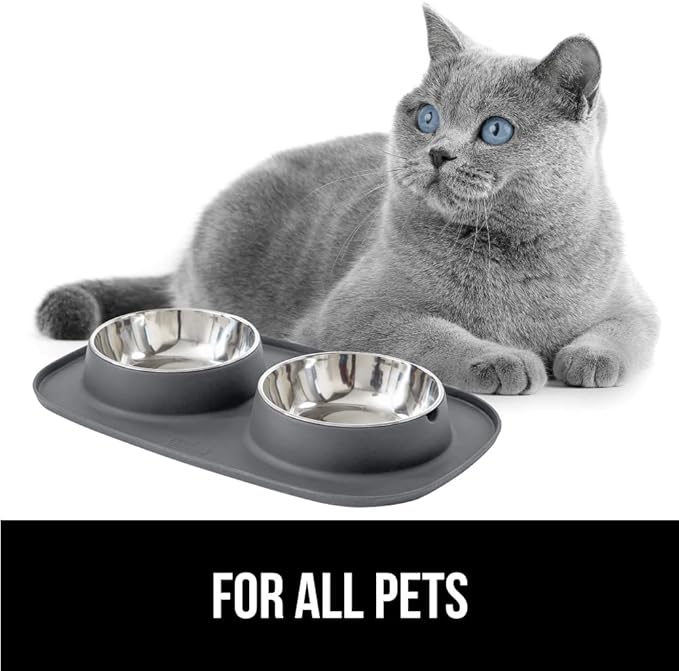 GORILLA GRIP 100% Waterproof BPA Free Cat and Dog Bowls Silicone Feeding Mat Set, Stainless Steel Bowl Slip Resistant Raised Edges, Catch Water, Food Mess, No Spills, Pet Accessories, 1 Cup, Gray