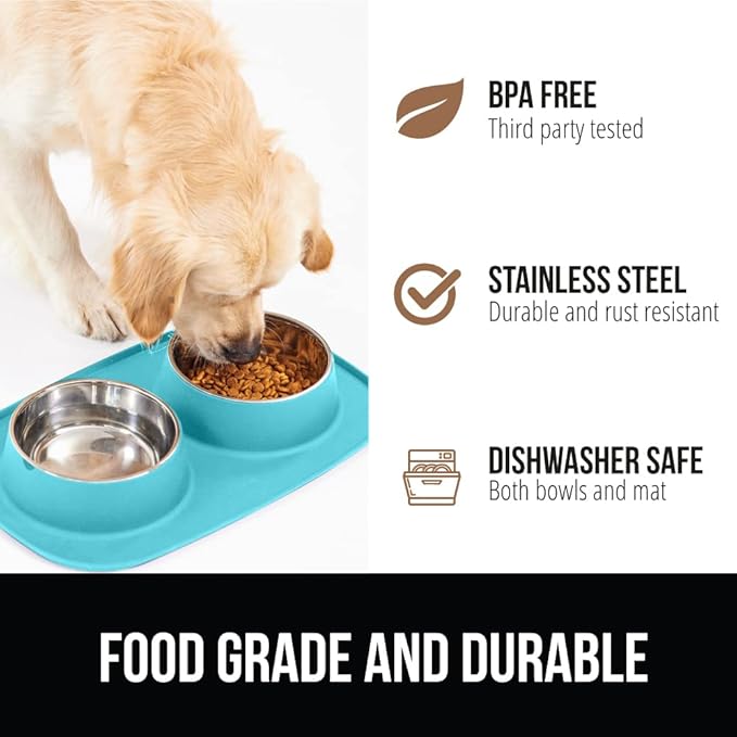 GORILLA GRIP 100% Waterproof BPA Free Cat and Dog Bowls Silicone Feeding Mat Set, Stainless Steel Bowl Slip Resistant Raised Edges, Catch Water, Food Mess, No Spills, Pet Accessories, 3 Cup, Turquoise