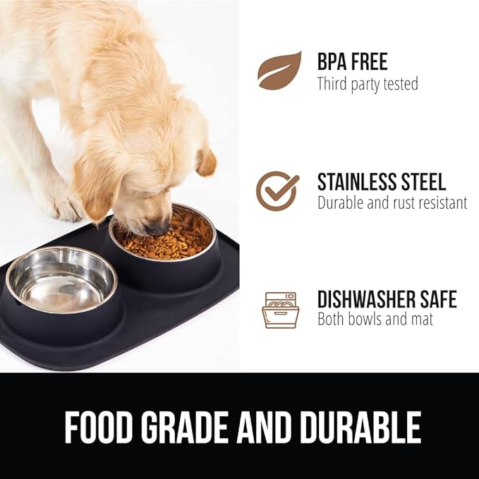 GORILLA GRIP 100% Waterproof BPA Free Cat and Dog Bowls Silicone Feeding Mat Set, Stainless Steel Bowl Slip Resistant Raised Edges, Catch Water, Food Mess, No Spills, Pet Accessories, 3 Cup, Black