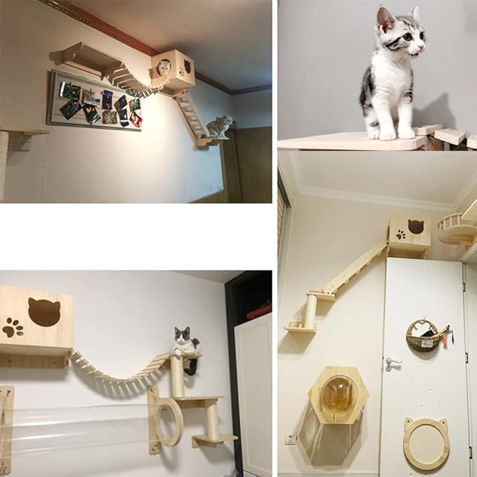La La Pet® Wall Mounted Cat Bed Wooden Floating Cat Shelf Capsule Cat House Cat Perch Cat Steps Cat Ladder Cat Tree Cat Furniture Cat Lounger Cat Climber (Scratcher with Suctions Cups)