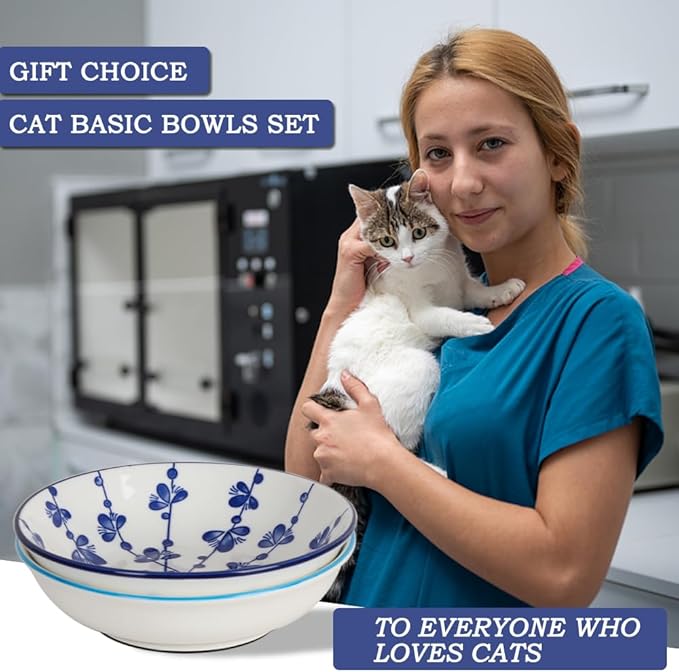 HAPPY KIT 2pcs Ceramic Cat Food Bowls Set,8.5oz Colorful Cats Dish/Dishes lndoor for Relief Whisker Friendly,5.7inch Wide Shallow Plate with Non-Slip Mat, 2 Petals