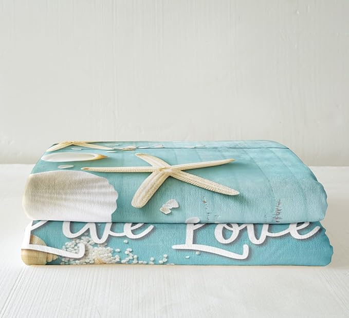 Starfish Seashell Blanket, Conch Sea Shell Throw for Bed, Couch - Coastal Animal Fleece, Twin Size, Retro Rustic Farmhouse Sherpa, Teal Wooden Striped Plush, Kids Boys Girls