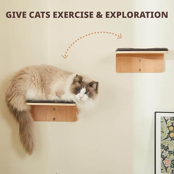 2 Set Cat Wall Steps - Wooden Cat Climbing Shelf for Wall - Cat Wall Stairs with Scratching Mat - Wall Mounted Cat Furniture for Jumping, Playing, and Lounging