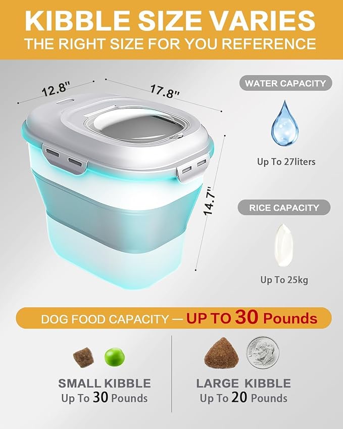 ANVS Dog Food Storage Container - Up to 30Lbs Collapsible Dog Food Container with Airtight Lids, Scoop and 2.5L Small Pet Food Storage Container Dry Food For Dog, Cat and Other Pet Food (Grey)