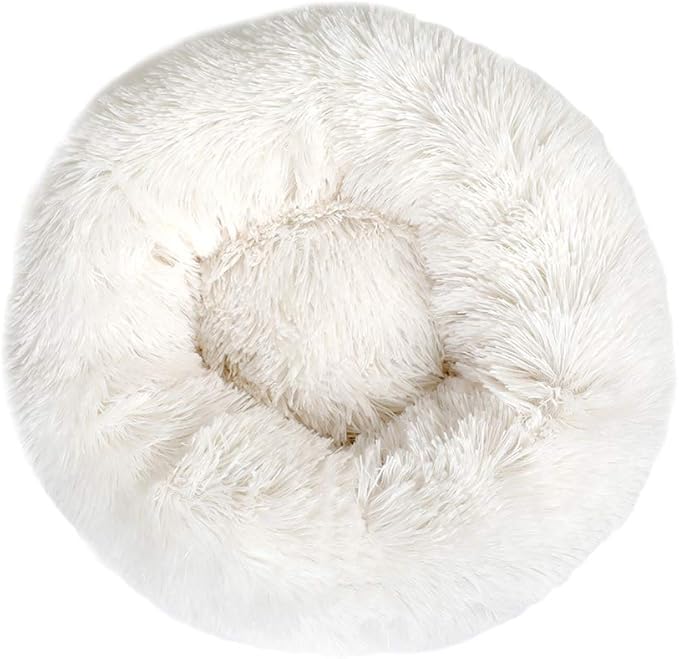otoez Kitten Puppy Bed Small Round Dog Cat Beds Anti Anxiety Plush Pet Calming Donut Bed with Non-Slip Waterproof Bottom, Washable (19.7", White)